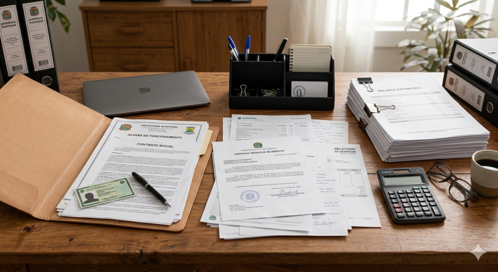 Mesa de escritório com documentos de alvará, contrato social, certidões e calculadora, simbolizando processos de legalização e regularização imobiliária.