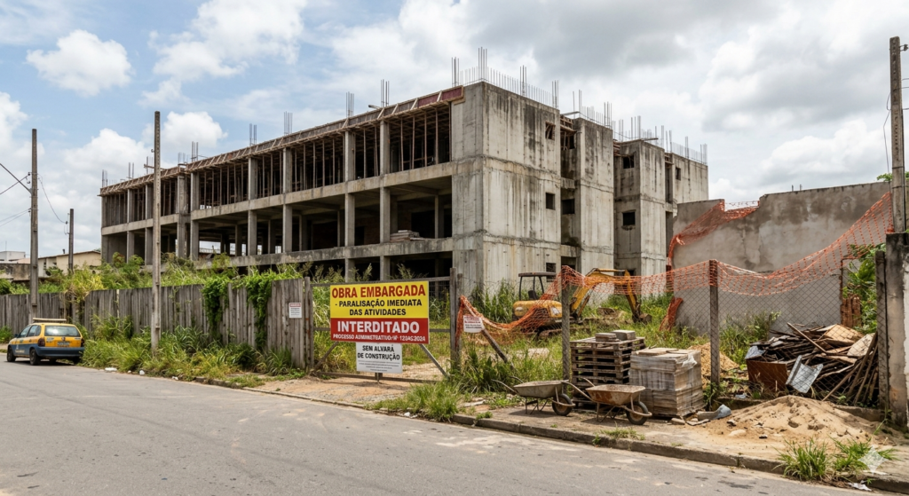 Uma fotografia em plano geral e de nível ocular captura um canteiro de obras abandonado na esquina de uma rua em Ribeirão Preto, São Paulo, sob um céu parcialmente nublado durante o dia. No centro da imagem, uma grande placa de notificação legal oficial, com fundo amarelo e texto em vermelho e preto, está afixada a uma grade de ferro e cercas de madeira desgastadas. 