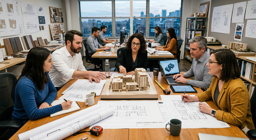 Equipe de arquitetos e engenheiros reunida em escritório analisando maquete e plantas arquitetônicas durante desenvolvimento de projeto imobiliário.