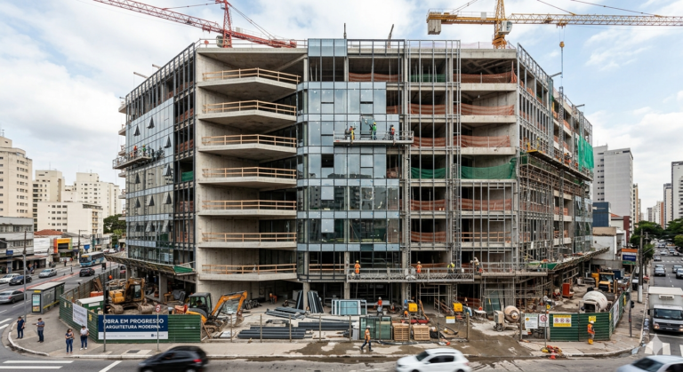 Fotografia em ângulo amplo de um grande edifício moderno em construção em uma esquina urbana movimentada. A estrutura exibe pavimentos expostos de concreto bruto e uma seção central que já recebe a instalação de uma fachada cortina de vidro espelhado azulado. Operários com capacetes e coletes de segurança trabalham em plataformas elevatórias suspensas e no chão da obra. Guindastes amarelos altos se elevam contra um céu parcialmente nublado, e o canteiro é cercado por tapumes verdes com a inscrição "OBRA EM PROGRESSO / ARQUITETURA MODERNA". Carros em movimento e pedestres transitam pelas calçadas e ruas ao redor.