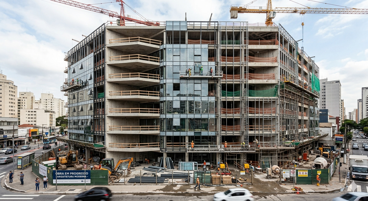 Fotografia em ângulo amplo de um grande edifício moderno em construção em uma esquina urbana movimentada. A estrutura exibe pavimentos expostos de concreto bruto e uma seção central que já recebe a instalação de uma fachada cortina de vidro espelhado azulado. Operários com capacetes e coletes de segurança trabalham em plataformas elevatórias suspensas e no chão da obra. Guindastes amarelos altos se elevam contra um céu parcialmente nublado, e o canteiro é cercado por tapumes verdes com a inscrição "OBRA EM PROGRESSO / ARQUITETURA MODERNA". Carros em movimento e pedestres transitam pelas calçadas e ruas ao redor.