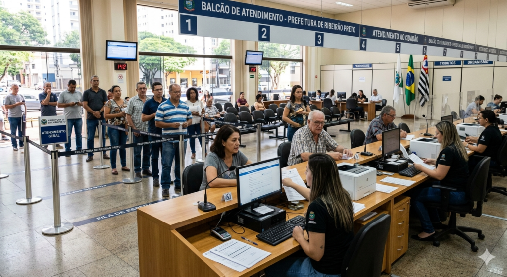 Setor de atendimento da prefeitura com cidadãos em fila e servidores públicos realizando serviços relacionados a urbanismo, tributos e documentação municipal.