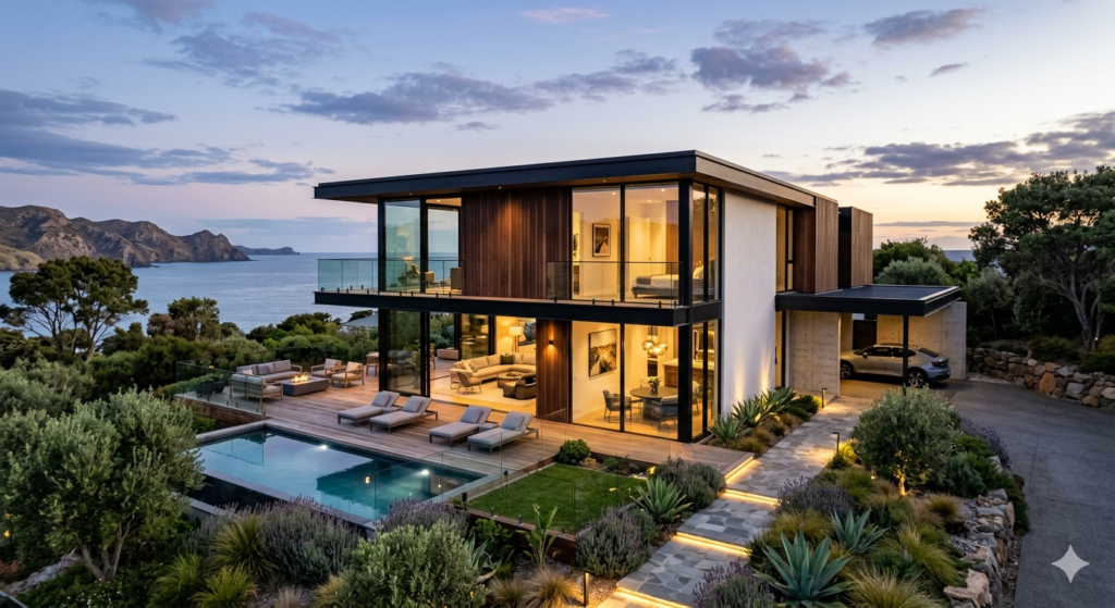 Casa moderna de alto padrão com fachada em vidro e madeira, piscina iluminada e vista para o mar ao entardecer, representando projeto arquitetônico contemporâneo de luxo.